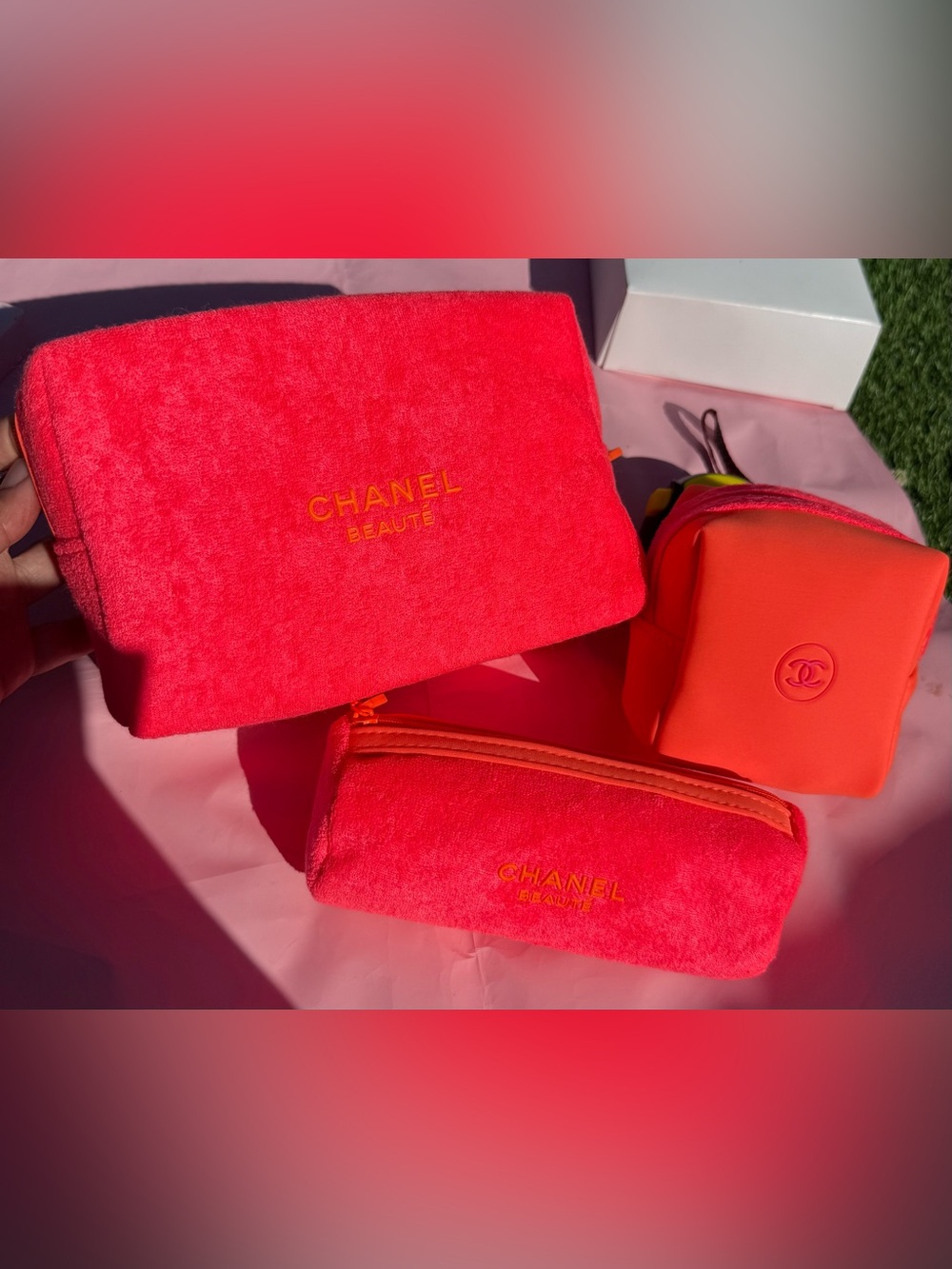 CHANEL Bright Pink & Coral Cosmetic Pouch 3 pcs set brand new in box AMAZING🌸